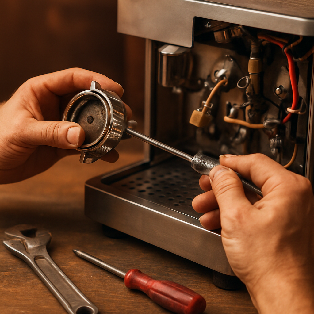 Técnico realizando mantenimiento a una máquina de espresso